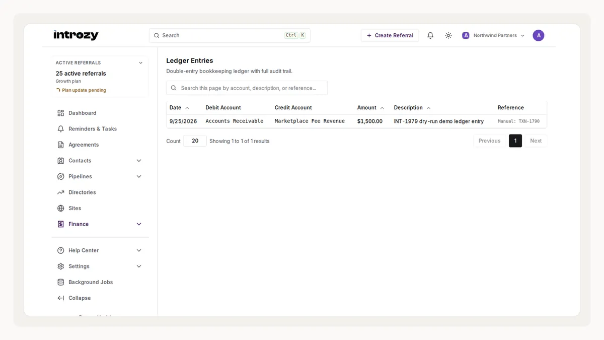 Commission ledger listing calculated partner payouts by deal