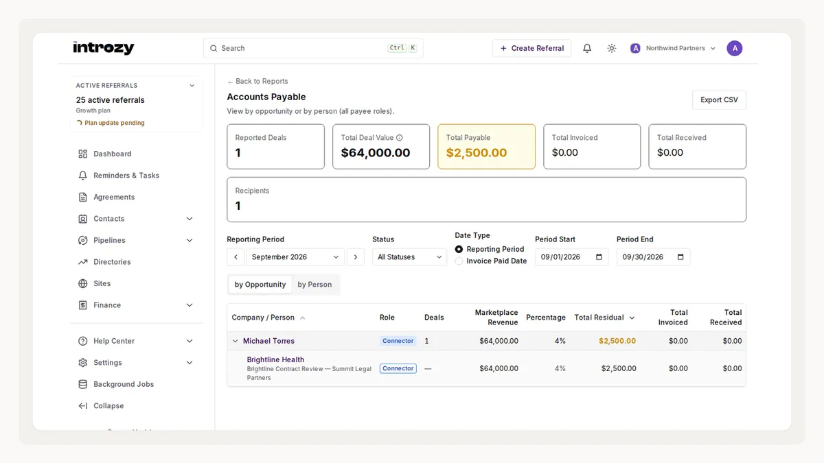 Partner statement summarizing earned, invoiced, and paid commissions