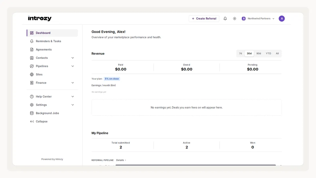 Partner portal earnings view with payout status across referrals